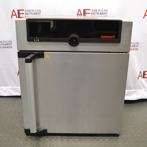 Front view of a Memmert Universal Oven UN30 with a stainless steel door, vertical handle, and top control glass panel featuring the Memmert logo