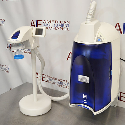 Front angled perspective view of a Millipore Direct-Q 3UV-R remote water purification system on a stainless steel surface, highlighting the standalone remote dispenser arm and the main blue and white purification module