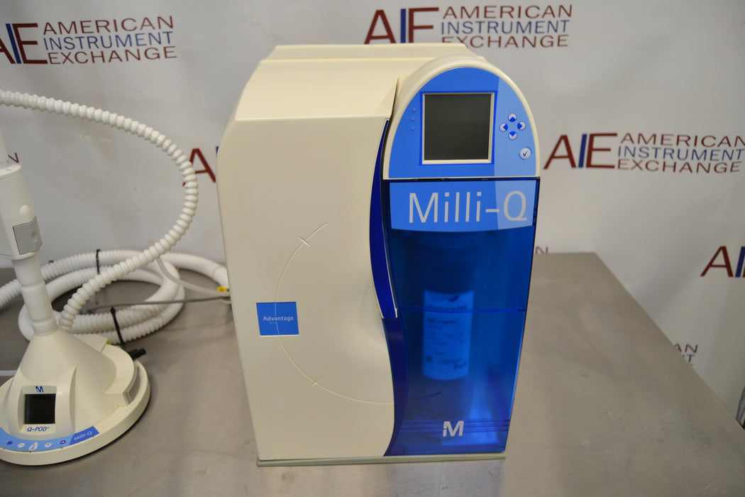 Close-up front view of a Millipore Milli-Q Integral 15 water purification main processing unit highlighting its digital control screen, blue cabinet accents, and internal cartridge housing