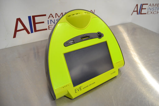 Front angled perspective view of a NanoEnTek EVE-MC automatic cell counter in a lime green casing, highlighting its touchscreen display, slide port, USB connector, and rounded benchtop design