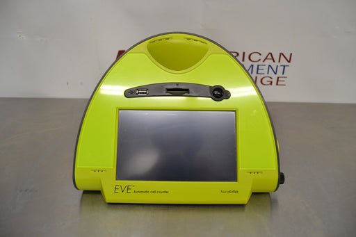 Front eye-level view of a NanoEnTek EVE-MC automatic cell counter in a lime green housing, showcasing its integrated touchscreen display, top slide insertion port, USB slot, and compact benchtop footprint