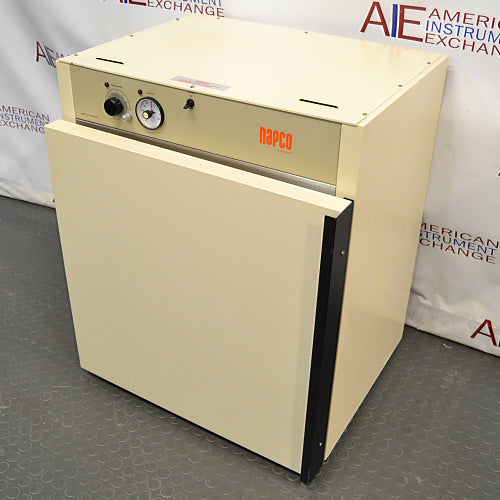 Front angled perspective view of a Napco E Series 301 incubator, featuring an off-white cabinet body, top control panel with a rotary dial and gauge, and the front door slightly open