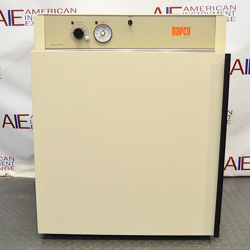 Front eye-level view of a Napco E Series 301 incubator, featuring an off-white outer cabinet, a solid closed front door with a dark vertical handle on the right, and a top control panel equipped with a rotary dial, analog gauge, and Napco branding