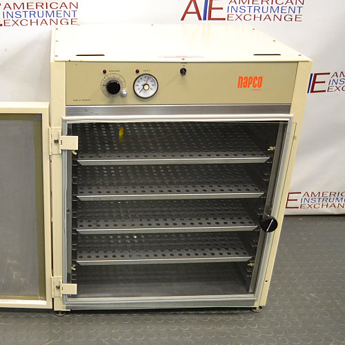 Front view of a Napco E Series 301 incubator with the outer door open, showcasing the inner glass door, multiple perforated interior shelves, and the top control console
