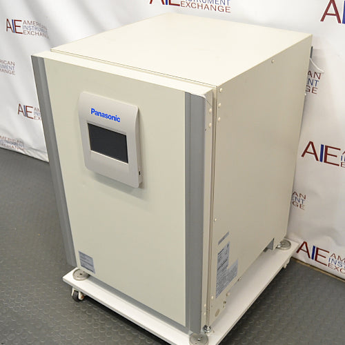 Studio right three-quarter angle product view of a Panasonic Cell-IQ Series MCO-170AICUVL-PA CO2 cell culture incubator against a branded backdrop, highlighting its off-white body, vertical silver corner trims, central Panasonic touchscreen display, right side panel labels, and wheeled platform base