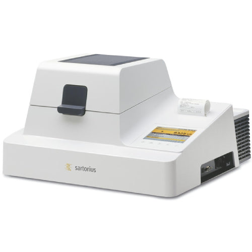 Front angle product view of a Sartorius LMA200 microwave moisture analyzer, showcasing its white housing, front heating chamber latch, integrated printer with paper roll, and right-angled control display screen