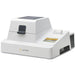 Front angle product view of a Sartorius LMA200 microwave moisture analyzer, showcasing its white housing, front heating chamber latch, integrated printer with paper roll, and right-angled control display screen