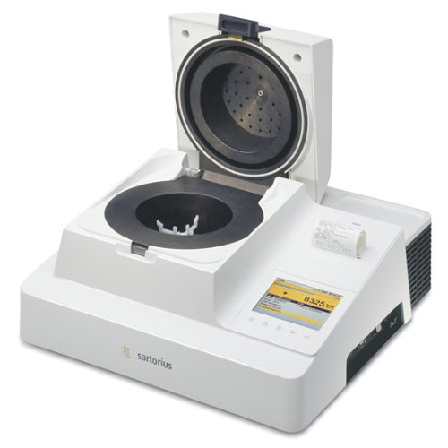 Front angle product view of a Sartorius LMA200 microwave moisture analyzer with the heating chamber lid open, revealing the internal microwave cavity and sample holder, alongside the integrated printer and control display