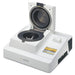Front angle product view of a Sartorius LMA200 microwave moisture analyzer with the heating chamber lid open, revealing the internal microwave cavity and sample holder, alongside the integrated printer and control display
