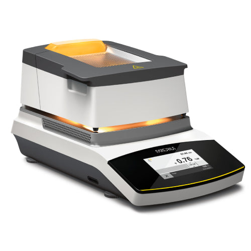 Left angle product view of a Sartorius MA160 moisture analyzer, featuring its white and dark gray housing, top heating chamber with an orange handle and glowing interior, and angled front touch display panel