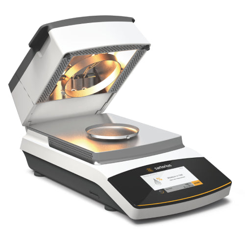 Left angle product view of a Sartorius MA160 moisture analyzer with the heating chamber lid open, showcasing the glowing internal heating element and weighing pan, alongside the front touch display panel
