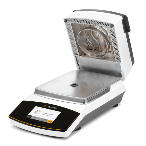 Right angle product view of a Sartorius MA160 moisture analyzer with the heating chamber lid open, revealing the internal circular heating element and stainless steel platform, alongside the front touch display panel