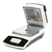 Right angle product view of a Sartorius MA160 moisture analyzer with the heating chamber lid open, revealing the internal circular heating element and stainless steel platform, alongside the front touch display panel