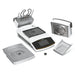 Left angle product view of a Sartorius MA160 moisture analyzer displayed with its detachable components, including the stainless steel weighing pan, heating chamber insert, and mesh protective tray