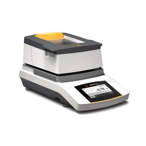 Left angle product view of a Sartorius MA37 moisture analyzer, showcasing its white and dark gray housing, top heating unit with an orange handle, and angled front touch display panel