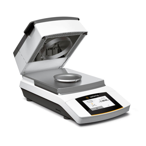 Left angle product view of a Sartorius MA37 moisture analyzer with the heating chamber lid open, revealing the internal heating elements and sample pan platform, alongside the touch display panel
