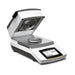 Left angle product view of a Sartorius MA37 moisture analyzer with the heating chamber lid open, revealing the internal heating elements and sample pan platform, alongside the touch display panel
