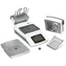 Left angle product view of a Sartorius MA37 moisture analyzer displayed with its detachable components, including the stainless steel weighing pan, heating chamber insert, and mesh protective tray