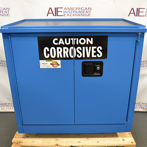 Front view of an unused Securall 24-gallon corrosive storage cabinet in bright blue, featuring a prominent CAUTION CORROSIVES warning label, locking handle, and dual doors resting on a wooden pallet base