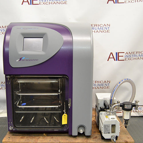 Front product view of an SP VirTis AdVantage Pro laboratory freeze dryer, featuring a purple and gray housing, digital touchscreen display, internal shelving chamber, and an attached vacuum pump system on a wooden base