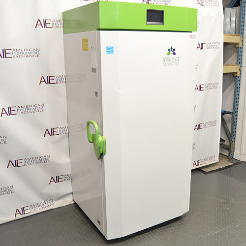 Left angle product view of a Stirling Ultracold SU780XLE ultra-low freezer, showing the white side panel, green top housing, green door handle, and branding on the front door