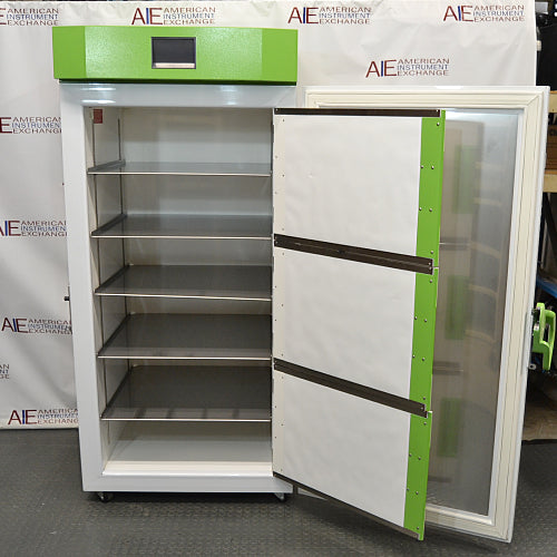 Front angle product view of a Stirling Ultracold SU780XLE ultra-low freezer with the main outer door and internal compartment doors open, displaying multiple adjustable stainless steel shelves inside the main cabinet
