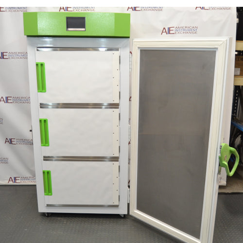 Front angle product view of a Stirling Ultracold SU780XLE ultra-low freezer with its main outer door open, revealing three inner compartment doors with green handles and a green top housing panel