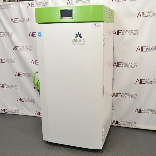 Right angle product view of a Stirling Ultracold SU780XLE ultra-low freezer, showing the white side panel with hinge hardware, green top housing, and branding on the front door