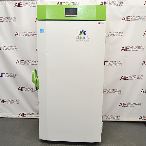 Front angle product view of a Stirling Ultracold SU780XLE ultra-low freezer, featuring a white body, a bright green top housing with an integrated digital display, a matching green door handle, and the Stirling Ultracold logo on the front door