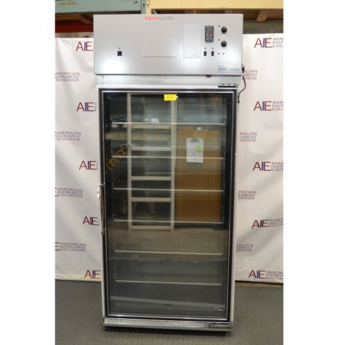 Front view of Thermo Forma Model 3920 environmental chamber featuring top digital control header and a full-length glass door showing interior shelving