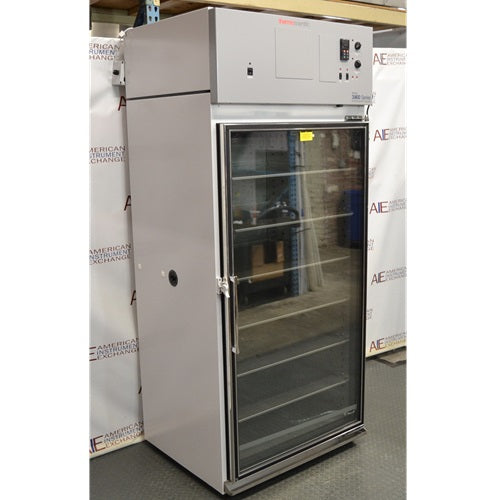 Left angled perspective view of Thermo Forma Model 3920 environmental chamber featuring side access port, glass door, top control module, and internal racks