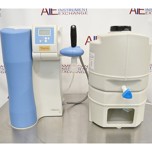 Front product view of a Thermo GenPure Pro UV/UF water purification system, featuring a control display panel, blue accent housing, dispensing arm, and an attached storage tank on a stainless steel laboratory bench   