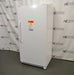 Right angled perspective view of white Thermo Scientific 20LREETSA laboratory refrigerator with closed door showing front warning label