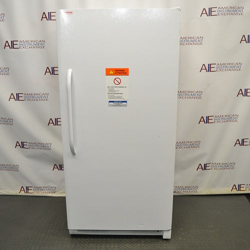 Front perspective view of white Thermo Scientific 20LREETSA laboratory refrigerator with closed door showing front warning label