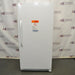 Front perspective view of white Thermo Scientific 20LREETSA laboratory refrigerator with closed door showing front warning label