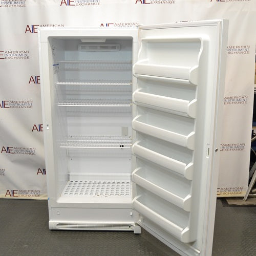 Front perspective view of white Thermo Scientific 20LREETSA laboratory refrigerator with open door showing internal wire shelving and door storage racks