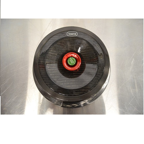 Top-down view of a Thermo Scientific Fiberlite F13-14x50cy carbon fiber centrifuge rotor resting on a stainless steel surface featuring a red and green central locking lid mechanism