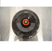 Top-down view of a Thermo Scientific Fiberlite F13-14x50cy carbon fiber centrifuge rotor resting on a stainless steel surface featuring a red and green central locking lid mechanism