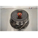 Top-down view of a Thermo Scientific Fiberlite F13-14x50cy carbon fiber centrifuge rotor resting on a stainless steel surface featuring a red and green central locking lid mechanism