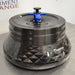 Front angled perspective view of a Thermo Scientific Fiberlite F14-14x50cy carbon fiber centrifuge rotor, highlighting its dark woven composite body, secure lid, and blue locking handle assembly