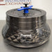 Front eye-level view of a Thermo Scientific Fiberlite F14-14x50cy carbon fiber centrifuge rotor, featuring a dark woven composite body, a secure lid, and a blue locking handle assembly