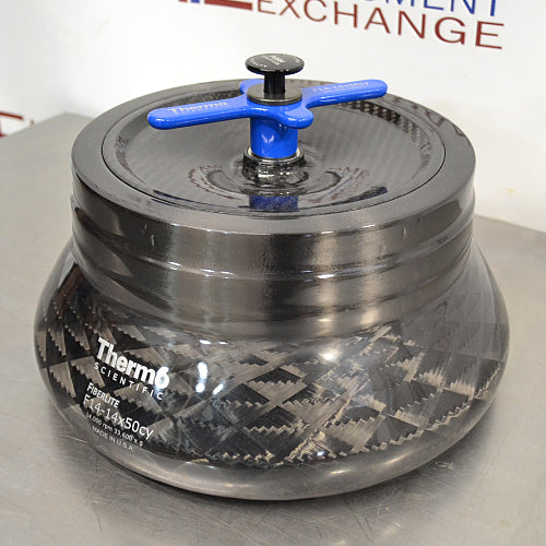 Side angled perspective view of a Thermo Scientific Fiberlite F14-14x50cy carbon fiber centrifuge rotor, showcasing its dark composite woven texture, secure top lid, and blue locking handle