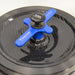 Close-up top view of the Thermo Scientific Fiberlite F14-14x50cy centrifuge rotor lid, focusing on the blue AutoLock handle assembly with white Thermo Scientific branding and a black push-to-unlock center knob