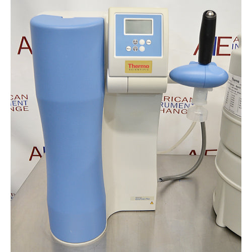 Front view of a Thermo GenPure Pro UV/UF water purification system unit, showcasing the prominent blue front housing, digital control screen with Thermo Scientific branding, and dispensing valve handle   