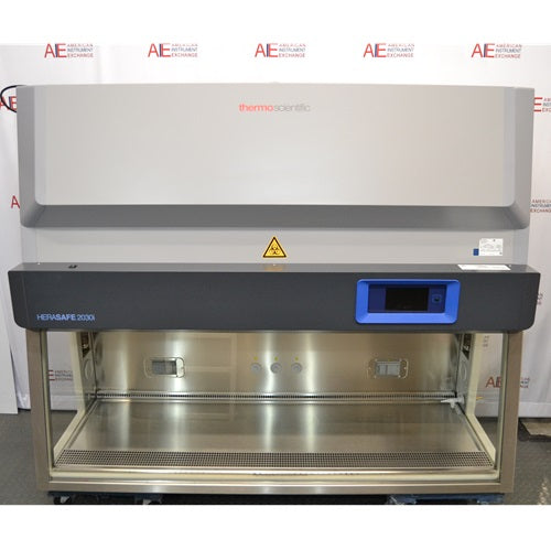 Front view of a Thermo Scientific Herasafe 2030i Class II Type A2 biosafety cabinet featuring a stainless steel work zone, glass side windows, and a dark front sash header with a digital touchscreen interface
