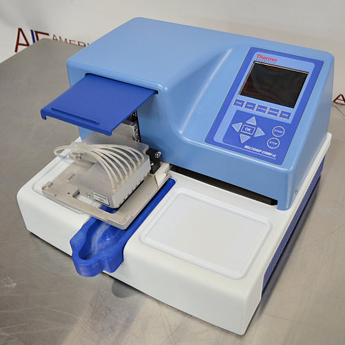 Right three-quarter angle product view of a Thermo Scientific Multidrop Combi nL Type 838 reagent dispenser, highlighting its blue and white housing, control panel, and dispensing head setup
