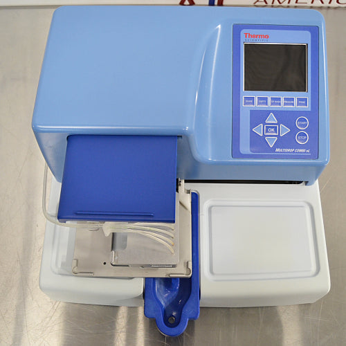 Elevated top product view of a Thermo Scientific Multidrop Combi nL Type 838 reagent dispenser, showcasing its blue and white housing, display control panel, and dispensing head
