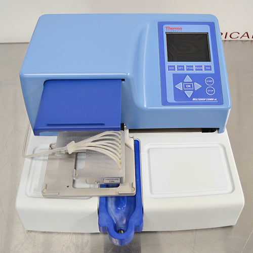 Front product view of a Thermo Scientific Multidrop Combi nL Type 838 reagent dispenser, featuring its blue and white housing, control keypad, and integrated tubing dispensing head