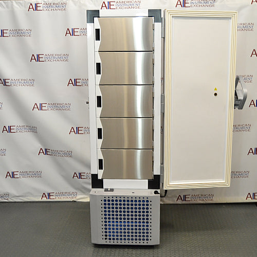 Front product view of Thermo Scientific RLE30086D ultralow laboratory freezer with the main insulated door open, highlighting five individual stainless steel inner compartment doors with latches and a lower ventilated compressor base