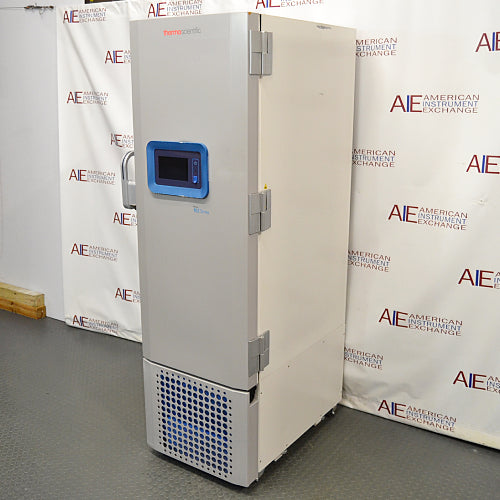 Right three-quarter angle view of Thermo Scientific RLE30086D ultralow laboratory freezer, showcasing its heavy-duty side hinges, white exterior cabinet, digital control panel, and lower ventilation grill